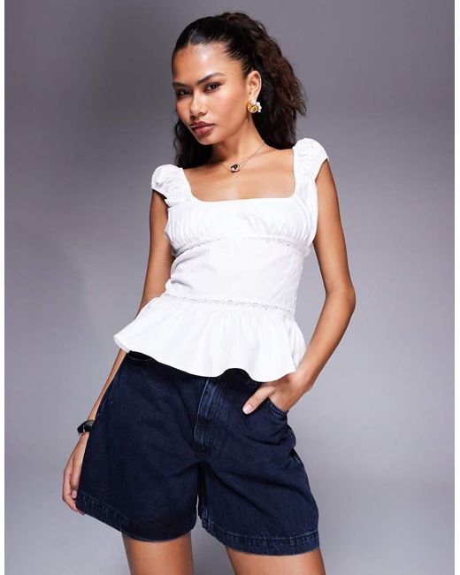 Princess Polly Blue Somi Cap Sleeve Lace Trim Peplum Top