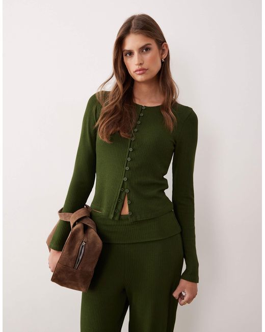 ASOS Green Co-ord Rib Fitted Long Sleeve Cardigan