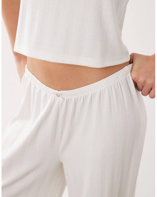ASOS Natural Pointelle Wide Leg Pyjama Trousers With Rosebud Trim
