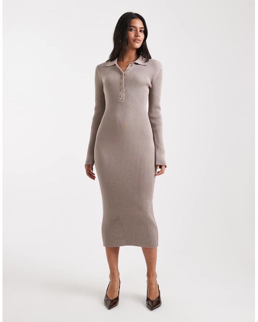 French Connection Brown Polo Neck Ribbed Knit Bodycon Midi Dress