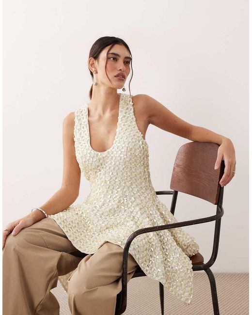 ARRANGE Natural All Over Pearl Embellished Square Hem Peplum Top