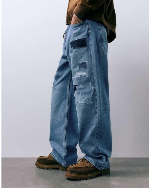 Pull&Bear Blue Baggy Patchwork Jeans for men