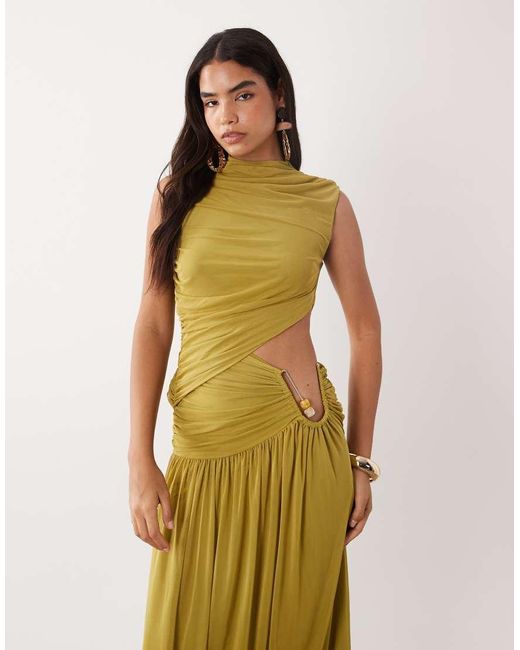 ASOS Metallic Ruched Mesh High Neck Maxi Dress With Wire Hardware Trim