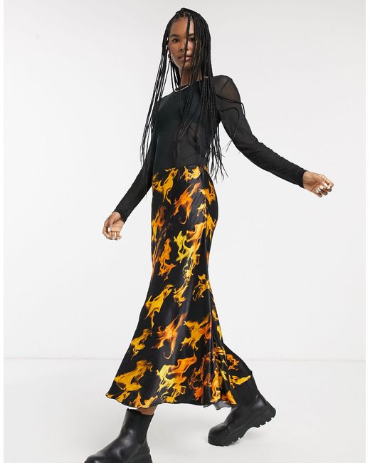 Weekday Multicolor Flame Print Satin Midi Skirt