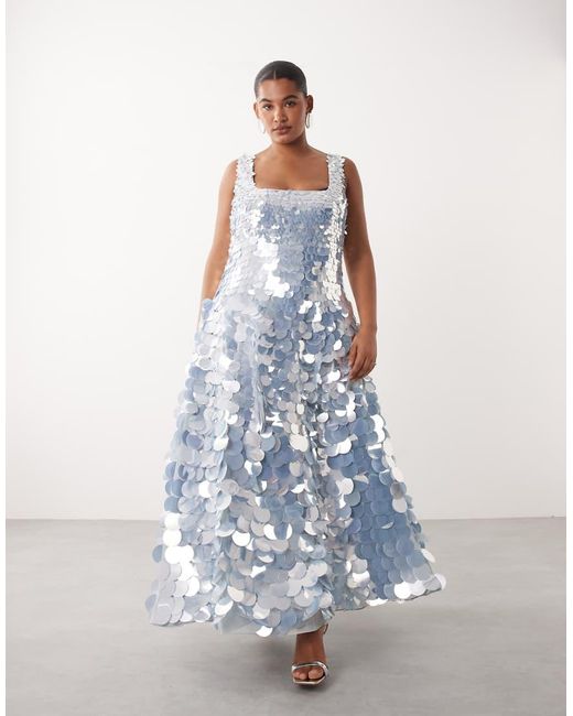 ARRANGE White Curve Embellished Disc Sequin Square Neck Full Skirt Midi Dress