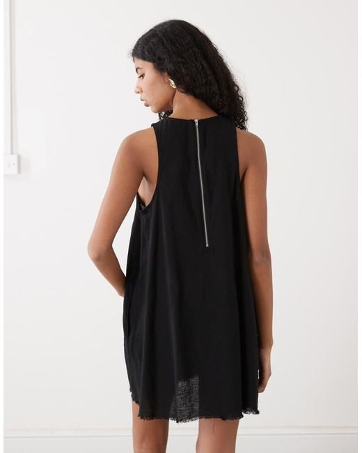 Monki Black Linen Blend Sleeveless A Line Mini Dress With Frayed Edge