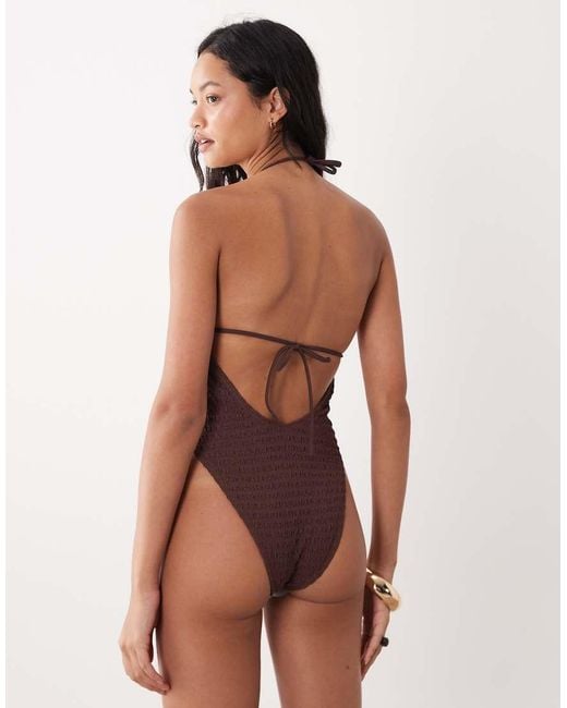 ASOS Brown Ruthie Plunge Cut Out Swimsuit With Resin Bead Detail