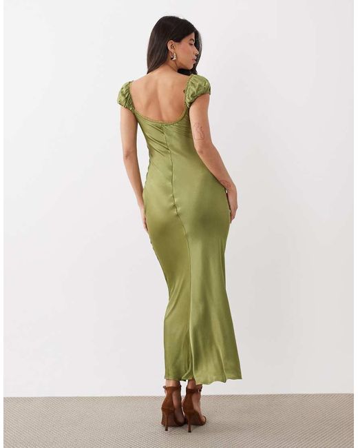 Bardot Green Stasia Satin Puff Sleeve Lace Trim Tie Front Detail Maxi Dress