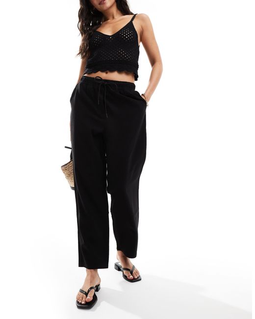 Mango Black Linen Look Cropped Relaxed Trousers