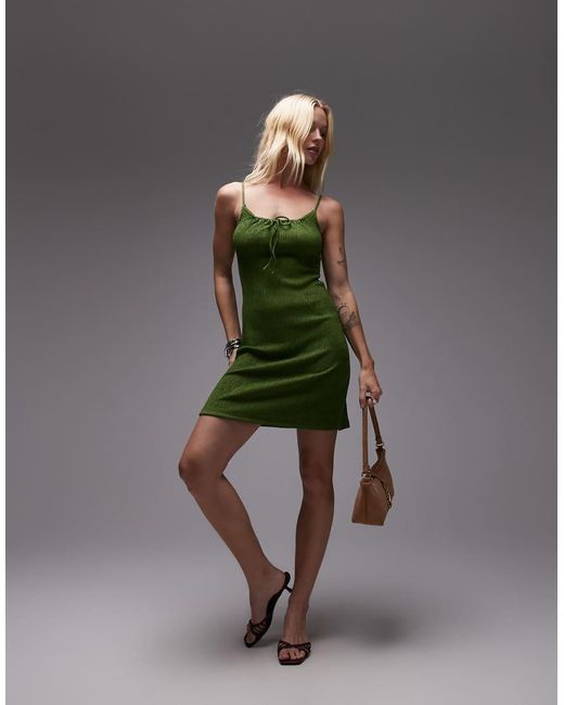 TOPSHOP Gerimpelde Mini-Jurk Met Strik Aan De Voorkant En Bandjes in het Green