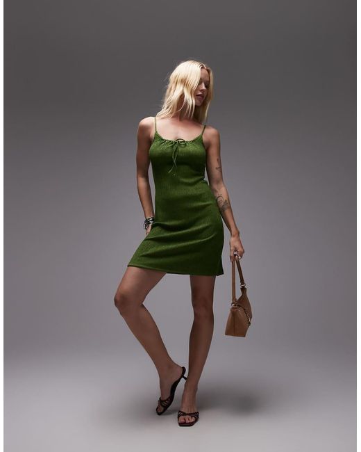 Vestito Corto Con Spalline Sottili Kaki Stropicciato Con Laccio Sul Davanti di TOPSHOP in Green