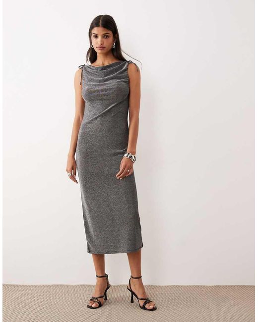 Aware Gray Glitter Jersey Cowl Neck Cami Midi Dress