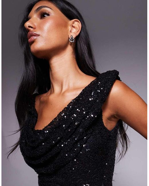 Goddiva Black Sequin Cowl One Shoulder Maxi Dress
