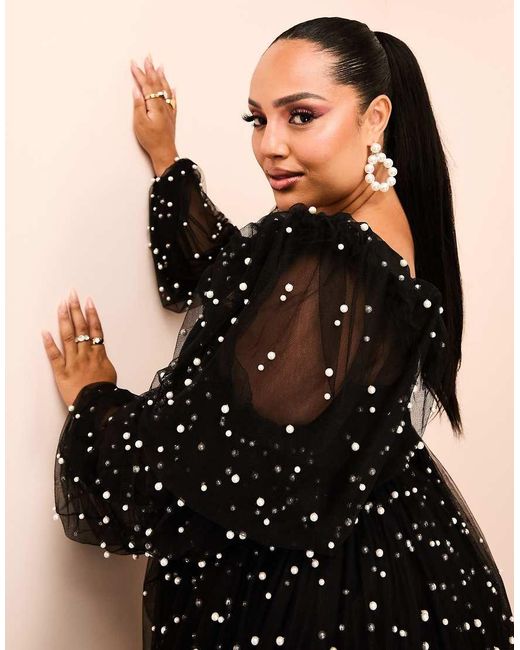 ASOS Black Curve Tulle Baby Doll Dress With Pearl Embellishment