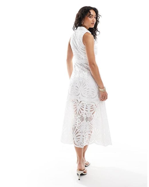 New Look White Premium Broderie Midi Belted Dress