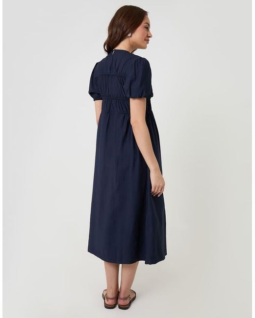 Threadbare Blue Ruched Drawstring Puff Sleeve Midi Dress