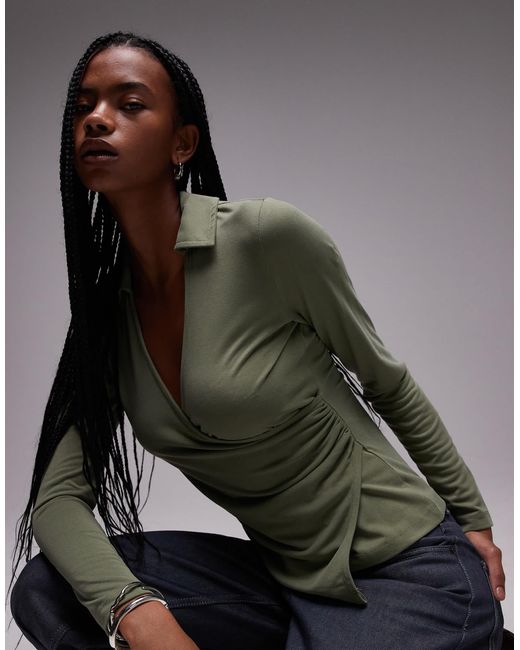 Petite - top cache-cœur à manches longues en cupro TOPSHOP en coloris Gray