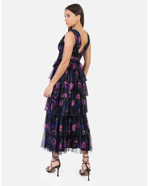 ANAYA Blue Floral Plunge V Neck Tiered Tulle Maxi Dress
