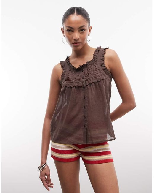 Noisy May Brown Frill Sleeve Button Through Top