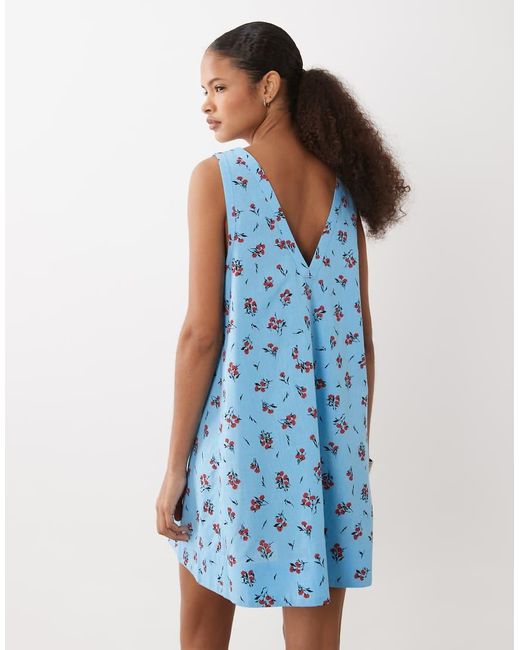 ASOS Blue Cotton Linen V Neck Smock Mini Dress
