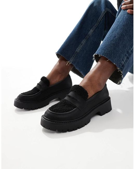 London Rebel Blue Olivia Contrast Teddy Fur Chunky Loafers