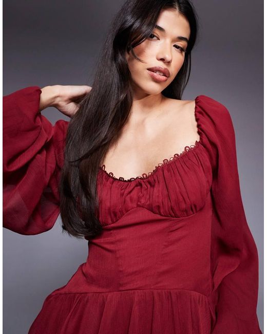 ASOS Red Puff Sleeve Chiffon Lace Up Mini Skater Dress