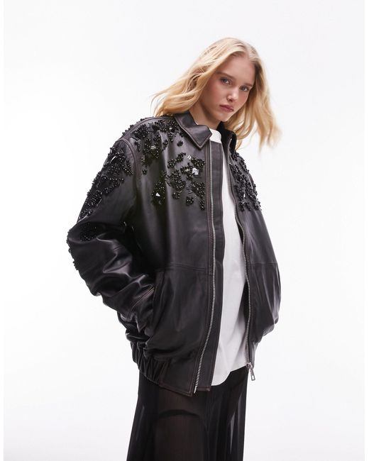 TOPSHOP Black Real Leather Washed Bomber Jacket With Embellishment