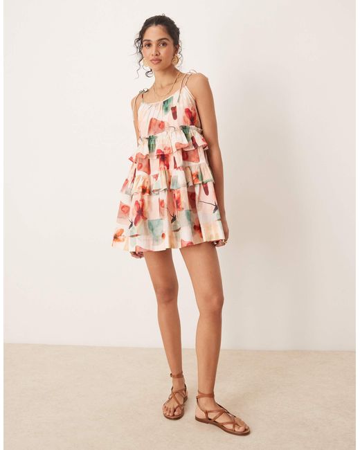 ASOS Pink – gestuftes minikleid mit vintage-blumenmuster und rüschen