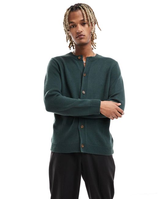 ASOS Green Knitted Crew Neck Cardigan for men