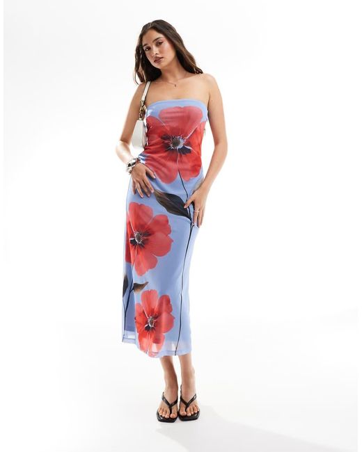Stradivarius Red Bandeau Mesh Midi Dress