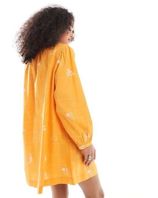 Native Youth Orange Embroidered Puff Sleeve Mini Smock Dress