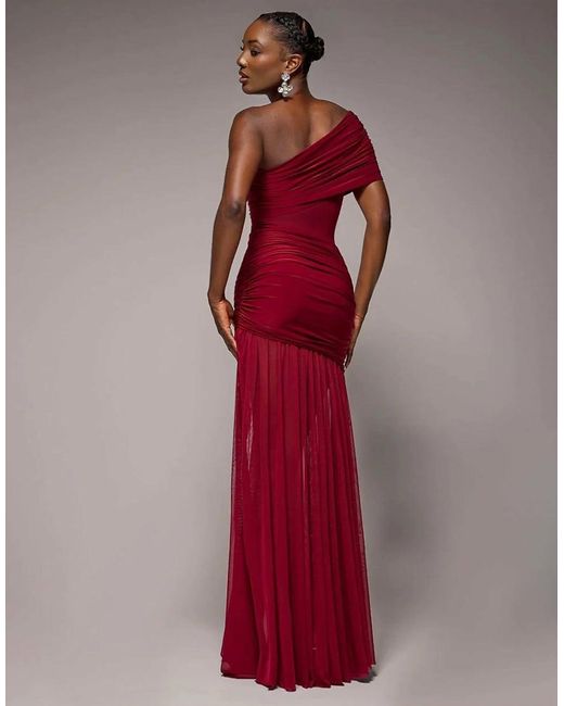 Goddiva Gathered One Shoulder Sheer Panel Maxi Dress