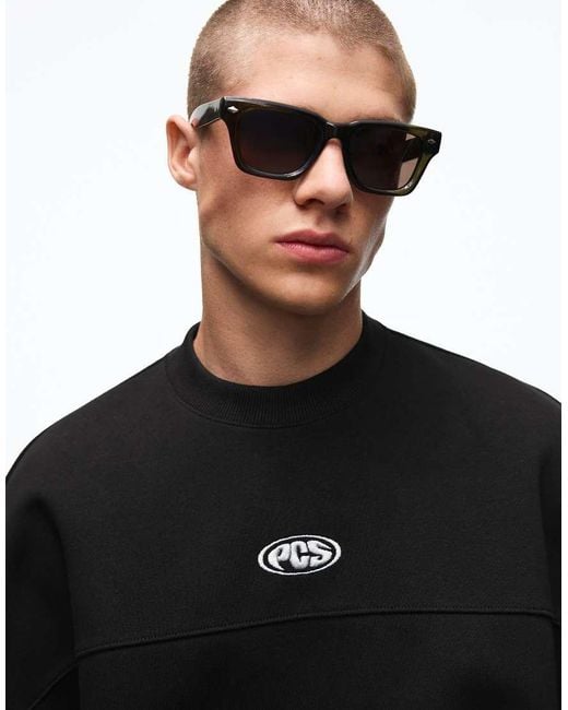Bershka Black Boxy Crew Neck Sweatshirt for men