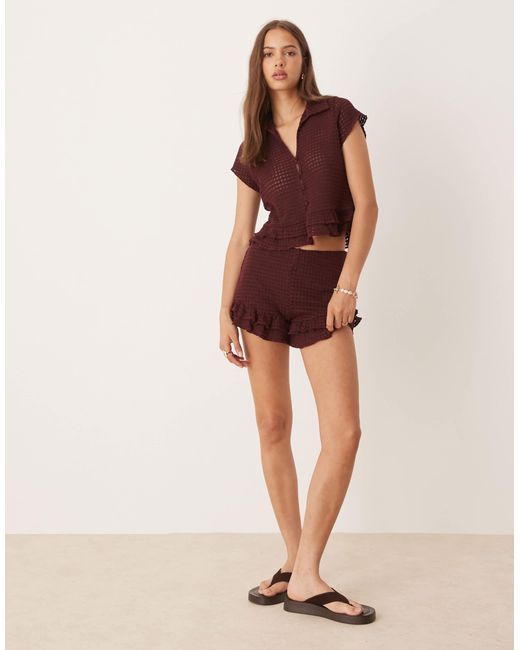 ASOS Brown Crochet Button-through Top With Ruffle Sleeves And Hem