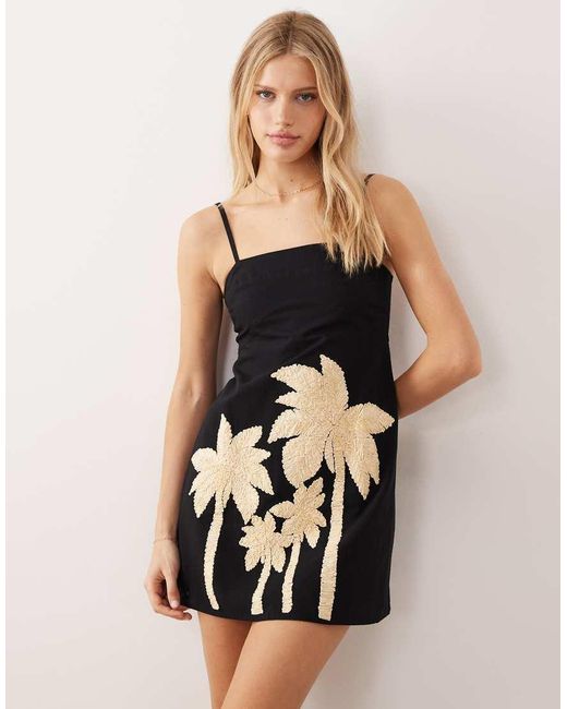 ASOS Black Cami Raffia Palm Detail Mini Sundress