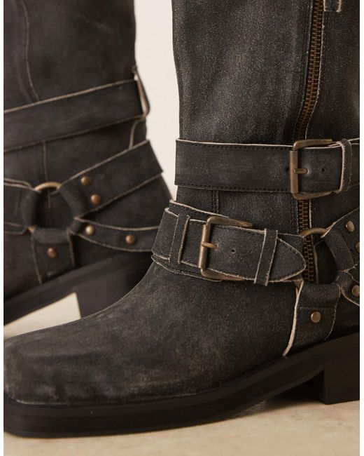 Casey - bottes hauteur genou style motard en daim effet vieilli à boucles ASOS en coloris Natural