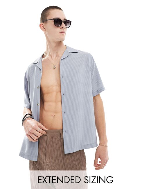 ASOS Blue Short Sleeve Relaxed Fit Revere Collar Textured Shirt for men