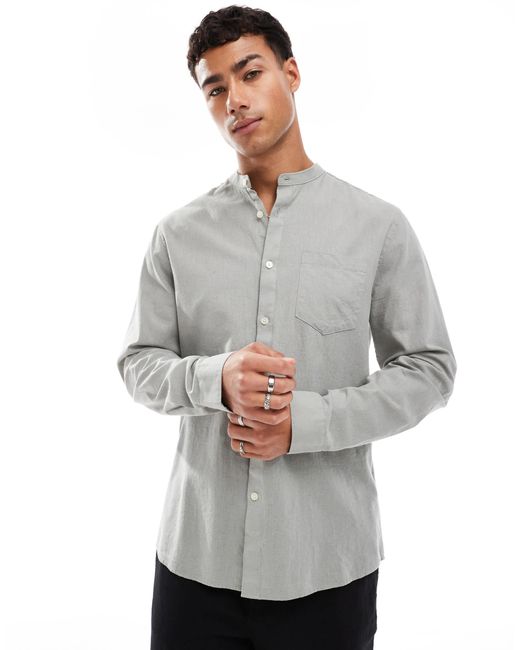 Threadbare Gray Long Sleeve Collarless Shirt for men