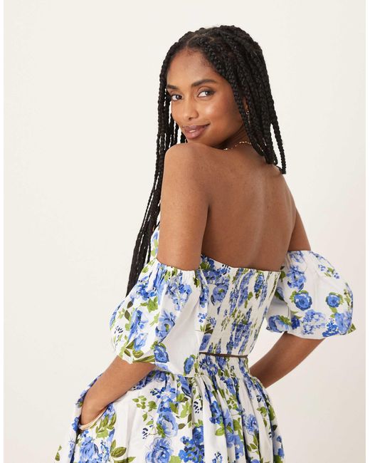 Y.A.S Blue Off Shoulder Volume Sleeve Top Co-ord