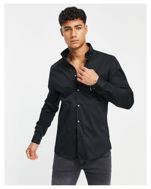 River Island Long Sleeve Smart Embroidered Muscle Fit Shirt in Black ...