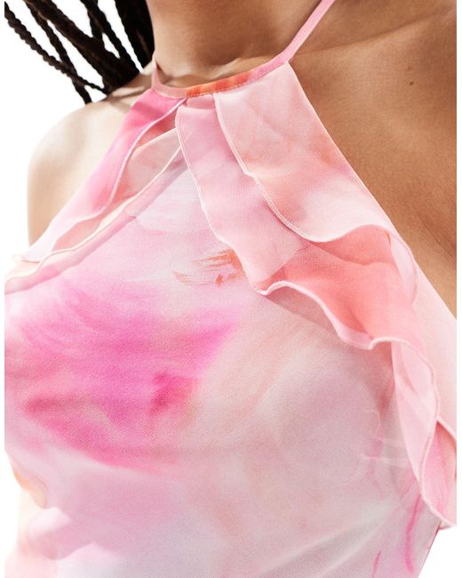 Mango Pink – hochgeschlossenes maxikleid mit verwaschenem blumenmuster