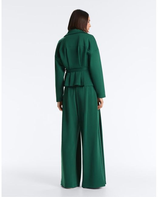 Oysho Green Cotton Wide-leg Pique Pleated Trousers