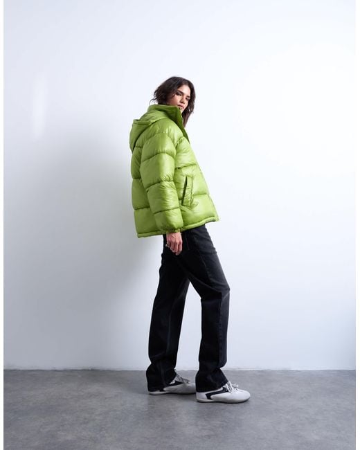 TOPSHOP Green High Shine Ripstop Funnel Neck Puffer Jacket