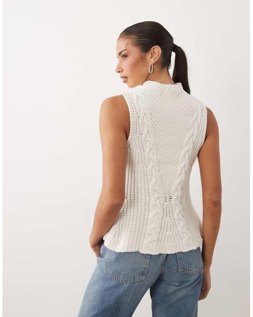 Y.A.S White High Neck Sleeveless Cable Knitted Peplum Top