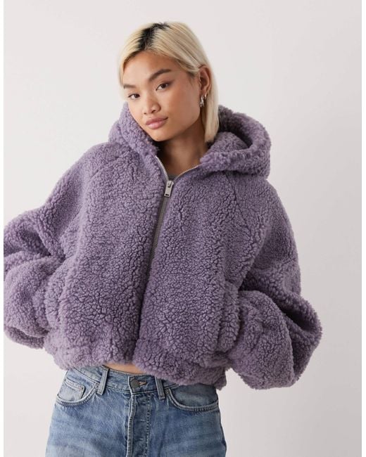 Monki Purple Zip Through Teddy Hooded Jacket