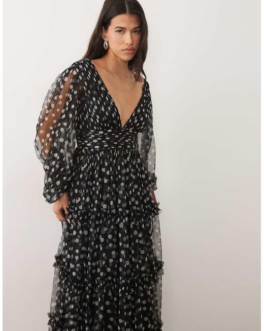 LACE & BEADS Multicolor Tulle Sheer Balloon Sleeve Plunge Neck Tiered Maxi Dress