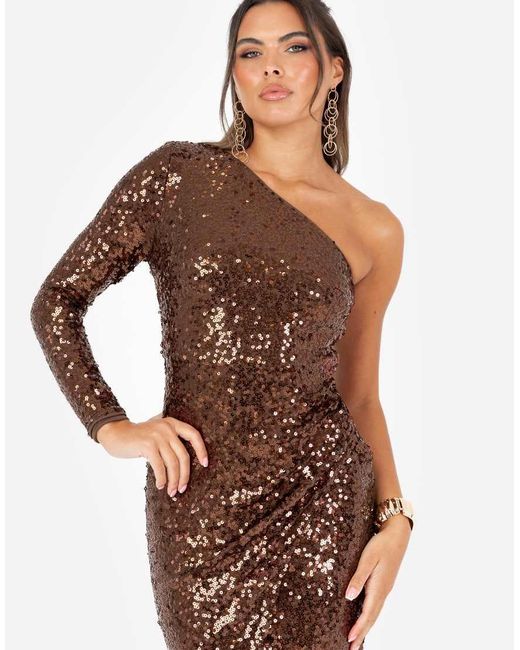 Maya Brown Fully Embellished One Sleeve Midaxi Dress