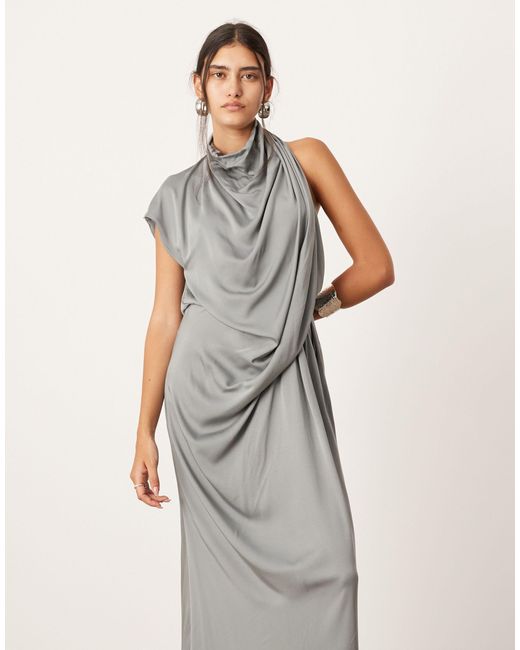 ASOS Gray Sleeveless Draped Slouchy Halter Midi Dress