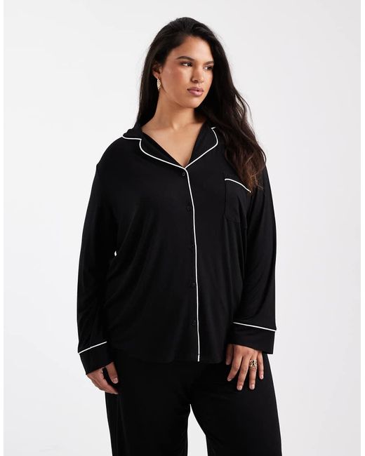 ASOS Black Asos Design Curve Super Soft Long Sleeve Shirt & Pants Pyjama Set With Contrast Piping