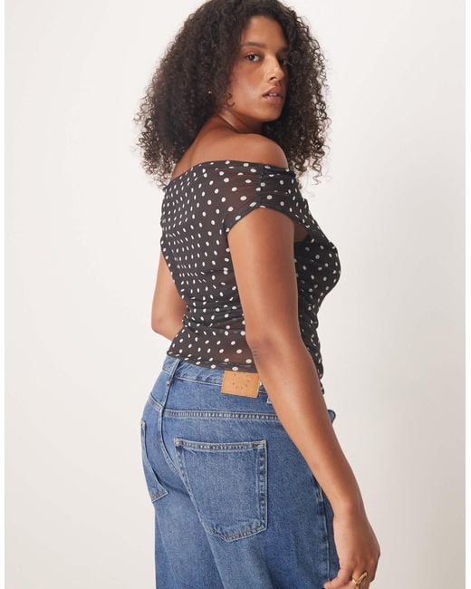 ASOS Blue Asos Design Curve Gathered Short Sleeve Off The Shoulder Mesh Top